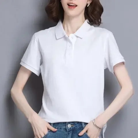 T-shirts Button Red Plain Women's Polo 100℅ Cotton Fashion 2025 Cheap Female Tee Tops Pretty Korean Popular Clothes Synthetic