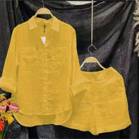 2025 Summer Cotton Linen Casual Shirt Two Piece Set For Women Shorts 2 Piece Sets Outfit Long Sleeve Short Sets Outfits Home
