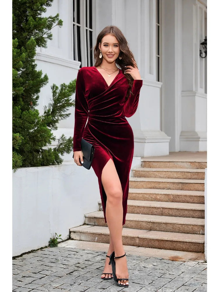 V-Neck Long Sleeve Elegant Dresses Autumn New Fold Bright Colors Golden Velvet Sheath Dress Split Hip Wrap Mid-calf Ladies Skirt