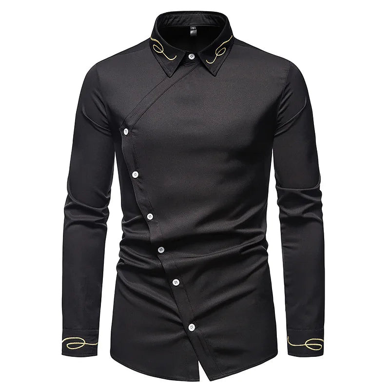 Men's Irregular Oblique Button Up Dress Shirts Streetwear Luxury Elegant Embroidery Business Shirt Chemise Homme Mens Blouses
