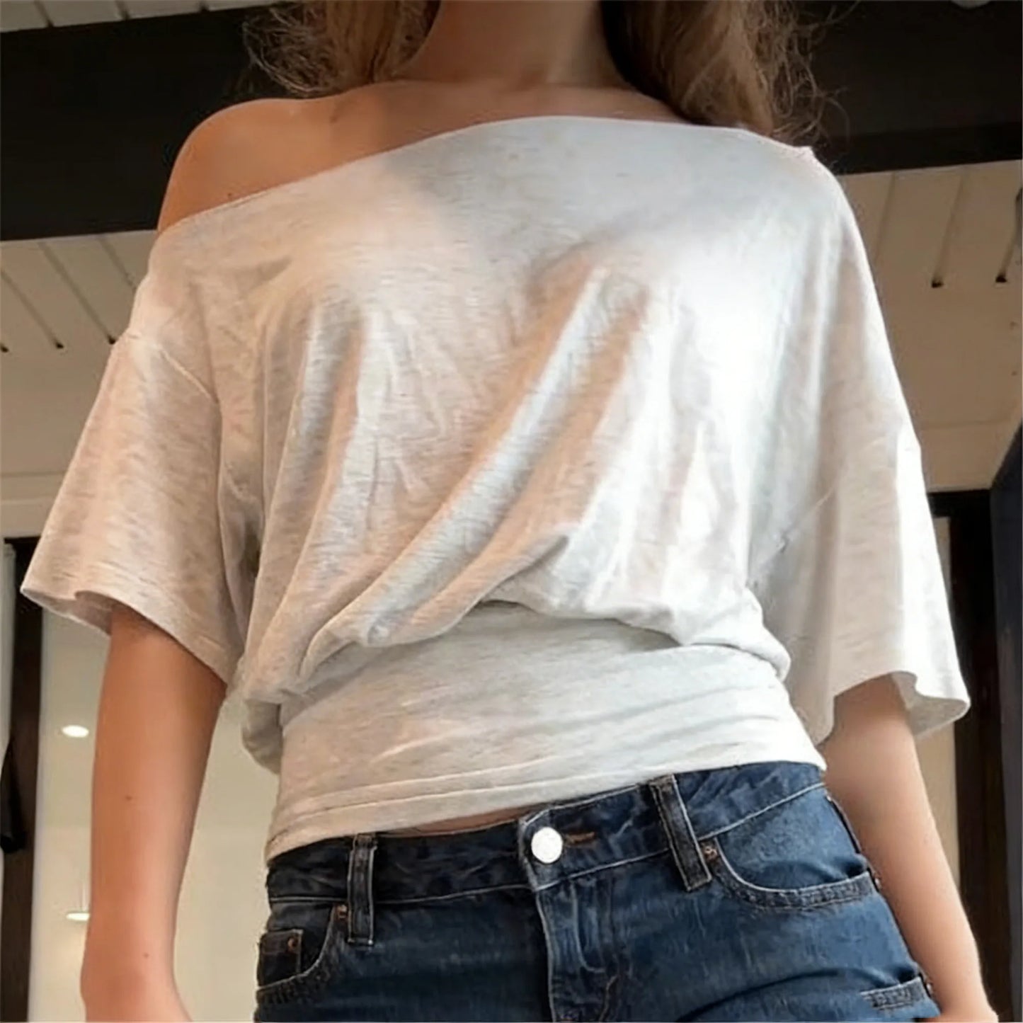 Women's Off Shoulder Short Sleeve Blouse Ruched Waist Fitted Cropped Top Casual Loose Dolman Sleeve Summer Streetwear