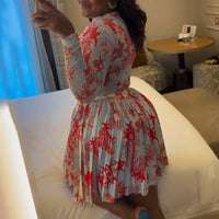 New African Fashion Women Dress set Leaf Print Long Sleeve O-neck Wrap Front Pleated Dress Vacation Party Birthday Dresses
