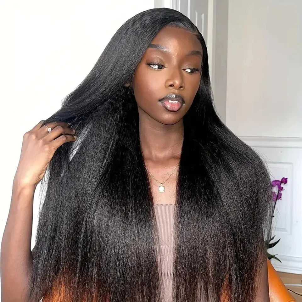 Peruvian Yaki Straight Human Hair Wig Kinky Straight Lace Frontal Wig 13x4 Lace Front Wigs Human Hair Wig For Women