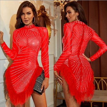 Women's Solid Color Sexy Transparent Rhine Diamond Irregular Feather Short Skirt Party Elegant Evening Dress Long Sleeved Dress