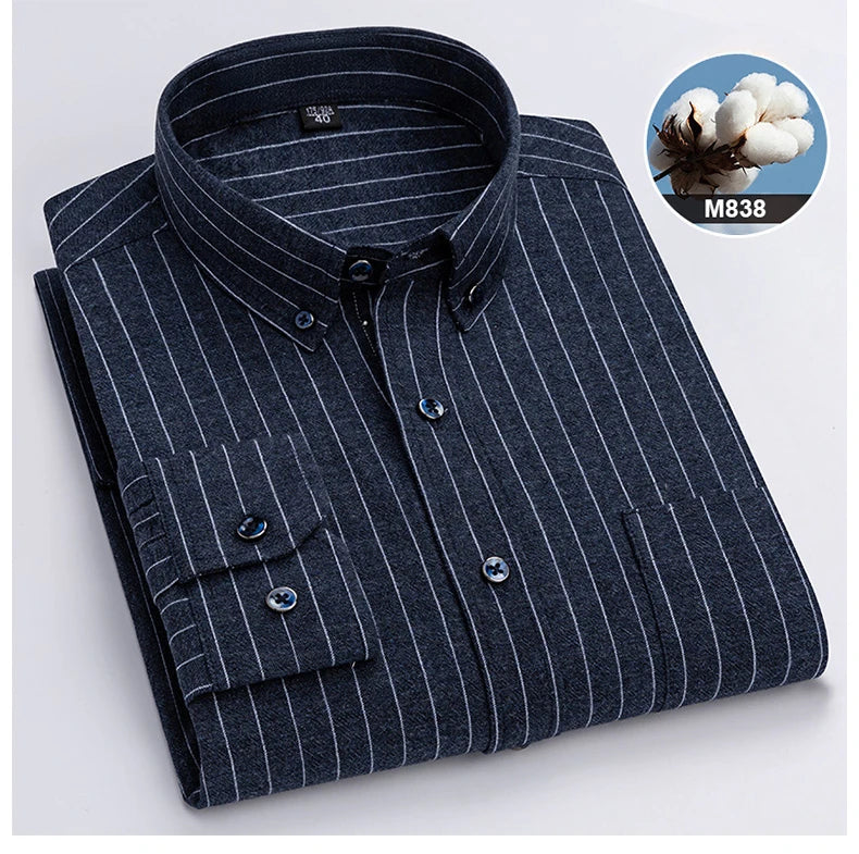 New in shirtplus size 7XL 100%cotton sanding long-sleeve shirts for men slim fit plain shirt striped plaid single pocket clothes