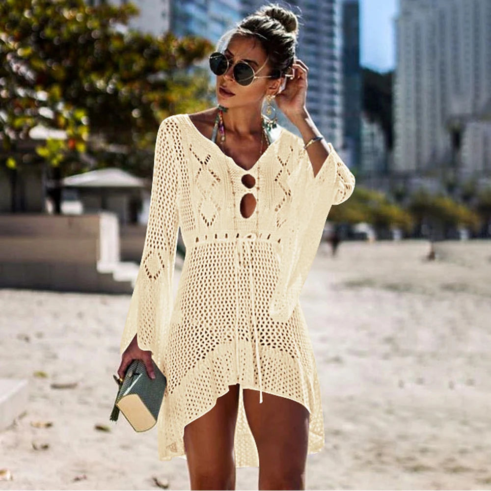 Women Solid Bikini Cover Up Sexy White Crochet Long Sleeve Beach Long Maxi Dress Cover-ups Female Loose Tunic Mesh Beachwear