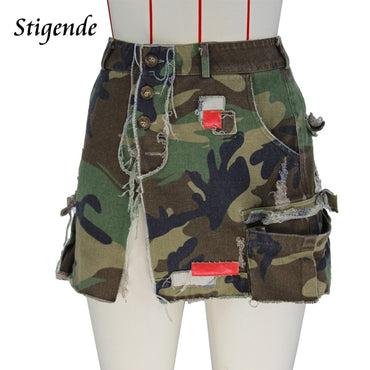 Stigende Women Sexy High Split Camouflage Skirt Army Green Ripped Irregular Skirt Spliced Color Pocket Button Long Maxi Skirt