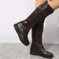 Winter Boots for Women 2023 Combat Cowboy Knee High Long Leather Platform Shoes Black Gothic New Rock Punk Solid Women's Boots