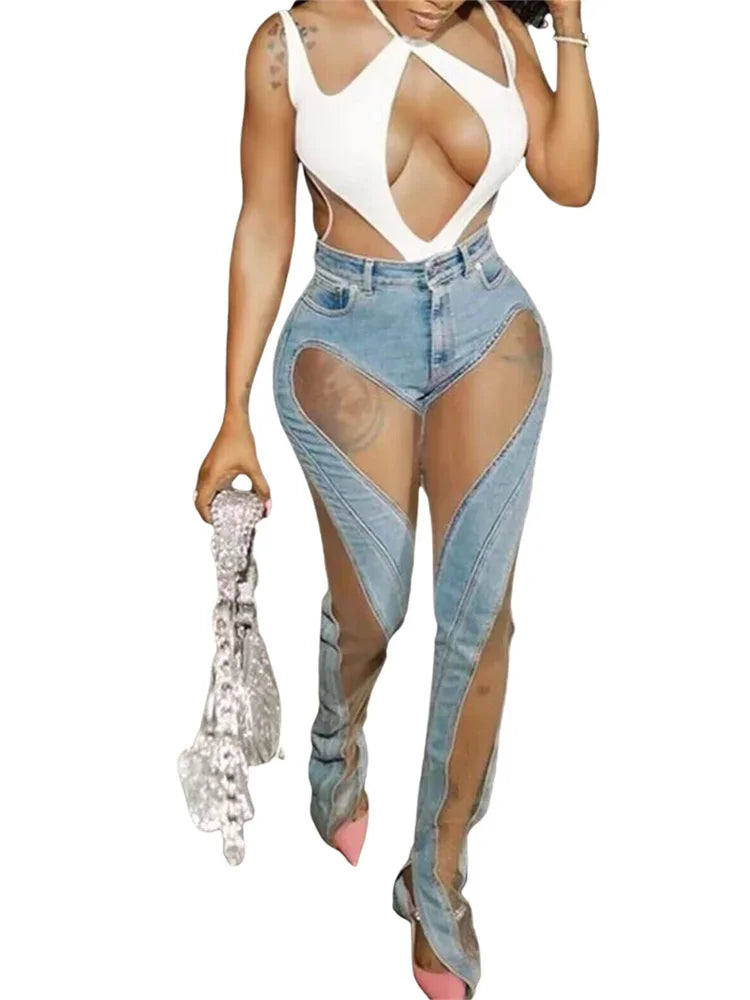 y2k Clothes Streetwear Jeans Elastic Pants Women  Casual High Waist Design Casual denim Blue Patchwork denim Trousers Pants