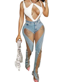 y2k Clothes Streetwear Jeans Elastic Pants Women  Casual High Waist Design Casual denim Blue Patchwork denim Trousers Pants