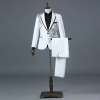 Temperament Gentleman Men's Suit Set Fashion Three Dimensional Marquetry Diamante Evening Dress Gorgeous Slim Groomsman Suits