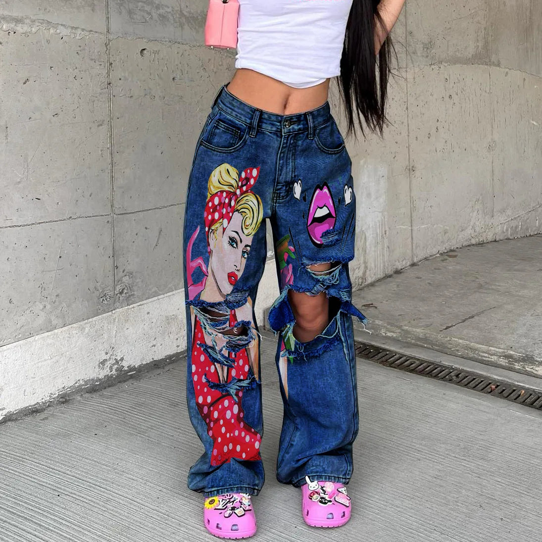 Fashion Graphic Printed Wide-leg Jeans for women Retro High Waisted Ripped Straight-leg Denim Versatile Harem Pants