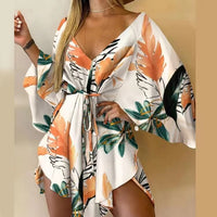 2023 New Summer Beach Elegant Dresses Women Sexy V Neck Lace-up Floral Print Mini Dress Casual Flared Sleeves Ladies Party Dress