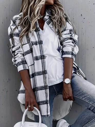 Casual Oversized Plaid Shirt for Women - White and Black Checked Button Up Blouse, Perfect for Fall and Daily Wear