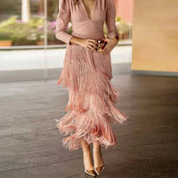 Autumn Long Sleeve Spliced Tassel Party Dresses Woman Elegant Deep V Neck Sheath Long Dress Fashion Solid Pleated Bohemian Dress