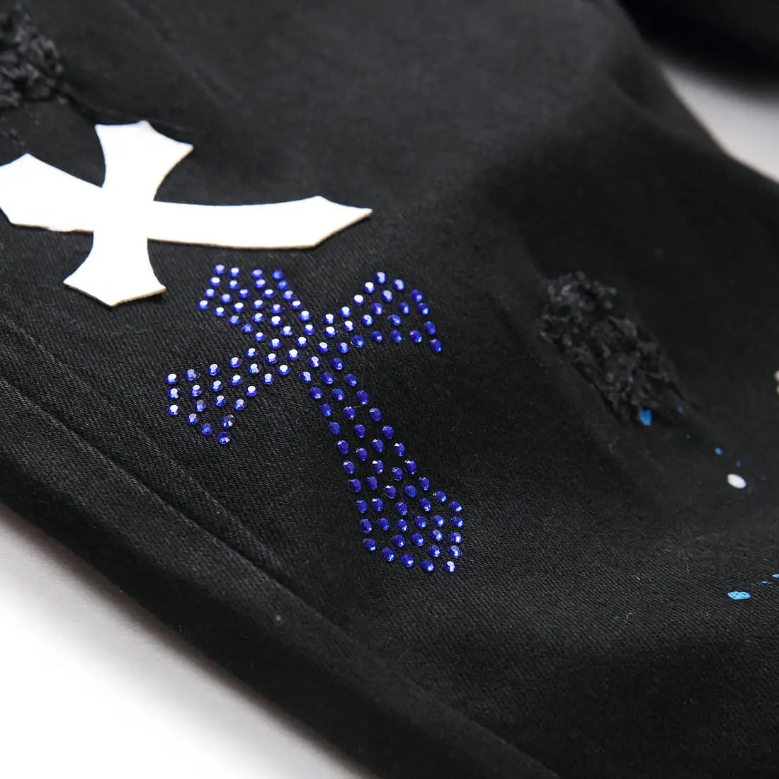 European Jeans With Distressed Patches, Black Trendy Elastic Slim Fit Leggings, Personalized Men's Pants