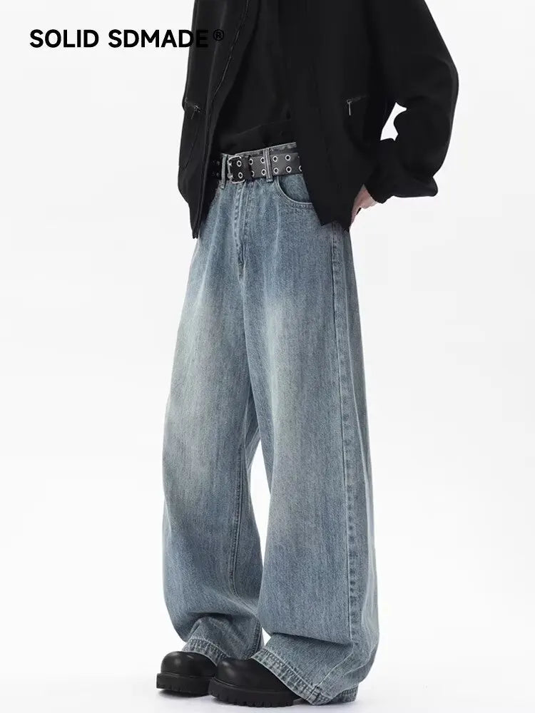 Loose Straight Jeans Men's Summer Casual Drooping Wide-leg Floor Trousers Chrome Darts Rhinestones Cooling Pants Man Jackets Top