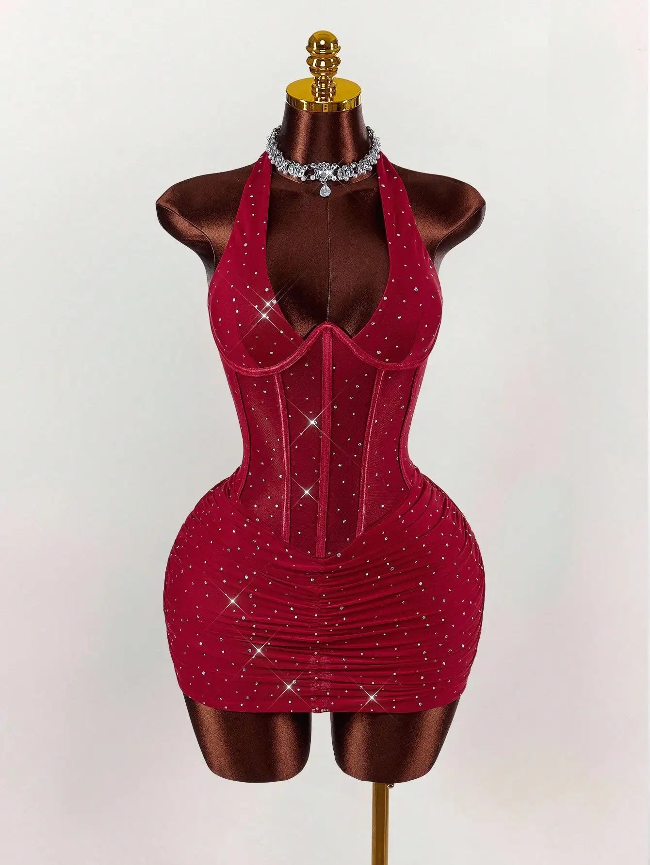 Red Halter Neck Rhinestone Mini Dress with Corset Waist for Party Club Night