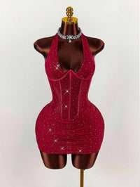Red Halter Neck Rhinestone Mini Dress with Corset Waist for Party Club Night