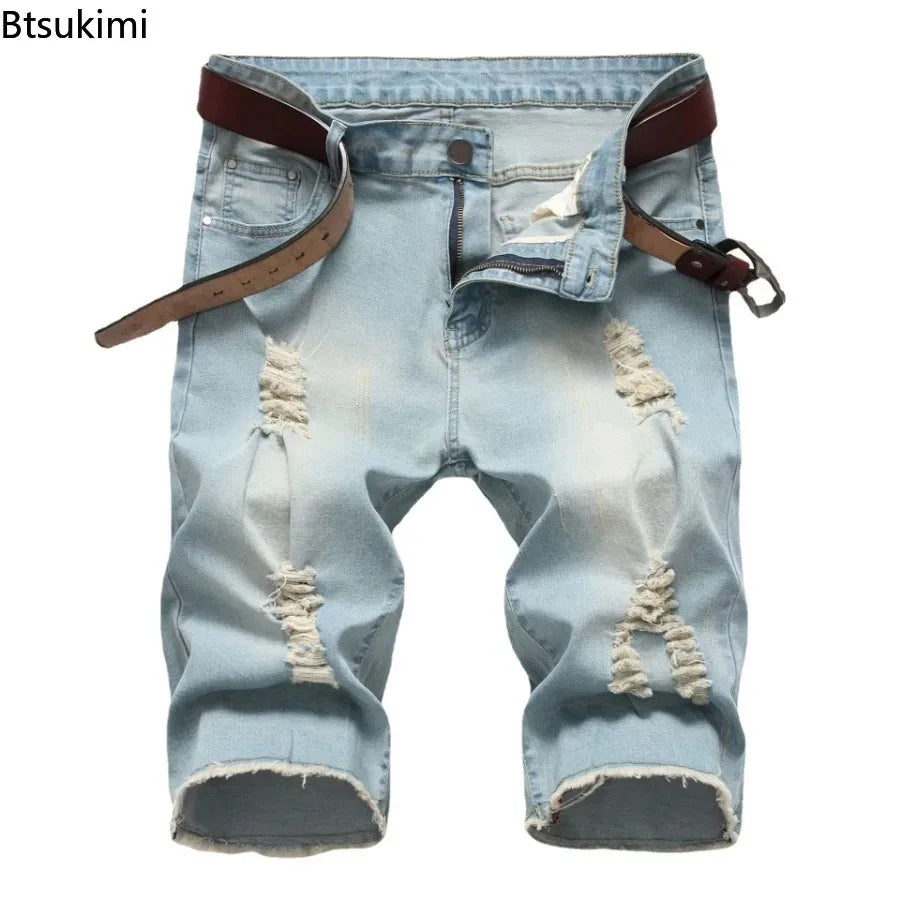 2026 New Denim Shorts for Men Fashion Casual Stretch Straight Short Jeans Men Summer Trend Holes Slim Fit Cowboy Short Trousers