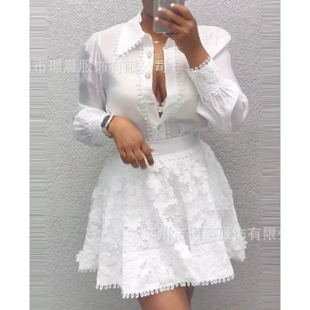 Fashion White Lace Patchwork Long-sleeved Shirt Women Dress Set Autumn New Elegant Lace Lace Short Skirt Woman 2 Piece Skirt Set