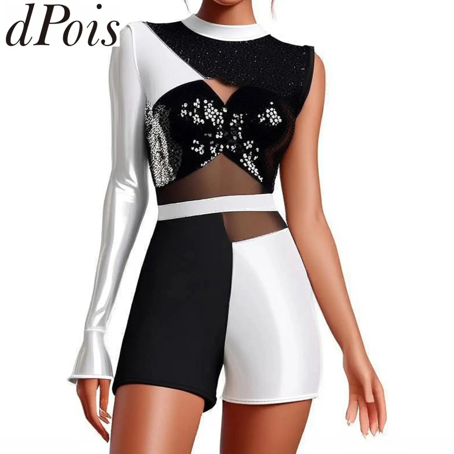 Womens Jazz Latin Dance Leotard Boyshort Asymmetrical Glittery Sequins Metallic Shiny Bodysuit Chacha Ballet Ballroom Dancewear