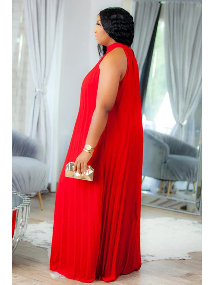 Red Plus Size Dresses 4XL 5XL Halter Long Loose Chiffon Outfits Pullover Sleeveless Evening Birthday Cocktail Party Gowns 2023