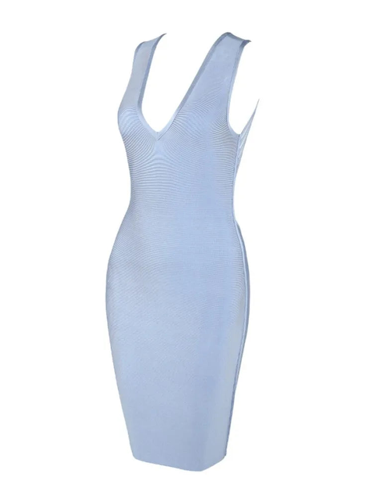 New Fashion Sexy V Neck Designer Light Blue Bandage Dress Women Sexy Backless Summer Party Dress