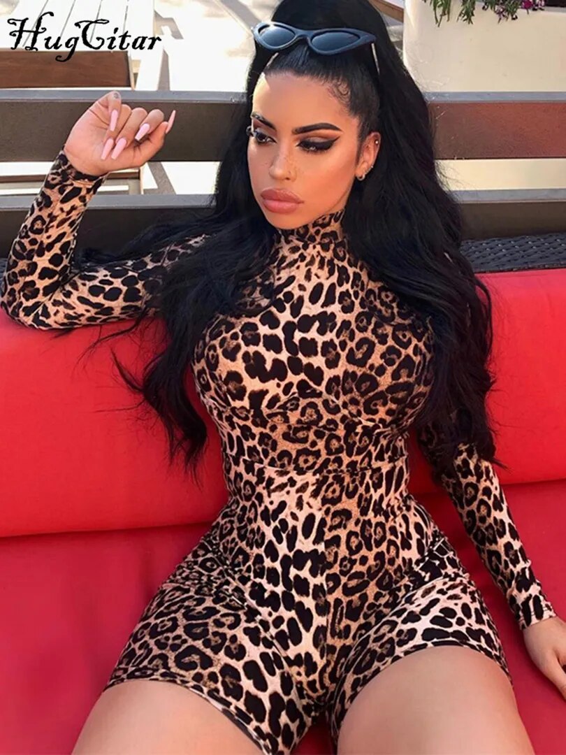 Hugcitar 2019 long sleeve tiger leopard print sexy bodycon playsuit autumn winter women streetwear club body fall cute outfits