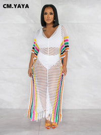 CM.YAYA Vintage Women Striped Crochet Knit Hollow Out V-neck Batwing Sleeve Maxi Long Slim Dress 2023 Sexy Party Evening Dresses