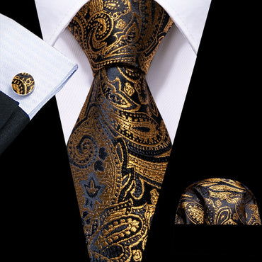 Retro Orange Floral Men Tie Set Silk Jacquard Necktie Wedding Business Handkerchief Cufflinks Tie Barry.Wang Designer FA-5346