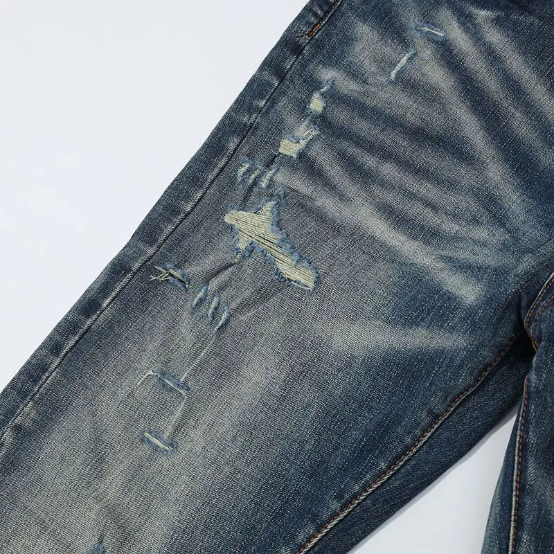 Fashionable new men's jeans with pleated elastic slim fit, retro washed blue jeans, high street designer hip-hop brand pants, ho