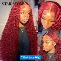 180% 99j Burgundy Deep Wave 13x4 Lace Front Human Hair Wigs Red Colored