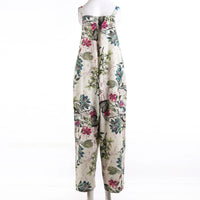 Combhasaki Women's S-3XL Cotton and Linen Jumpsuit Leaf Floral Print Square Neck Sleeveless Casual Loose Overalls with Pockets