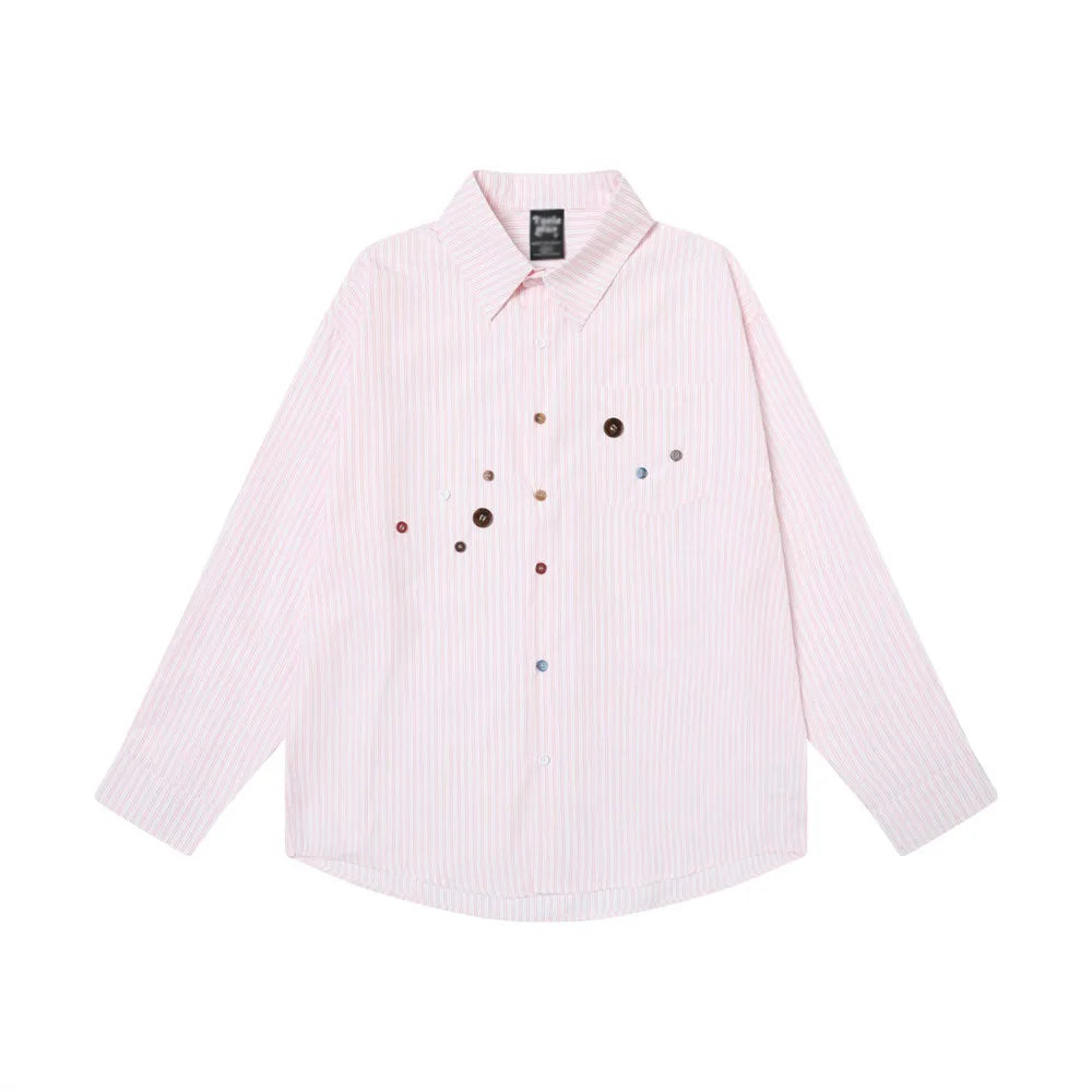 Button Decoration Striped Long Sleeve Shirts Mens High Street Autumn Single Breasted Lapel Pocket Shirts Men