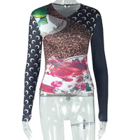 Casual Patchwork Moon Printed T Shirts 2025 Spring Women Long Sleeve V Neck Slim Stretchy Club Party Street Sports Tops Tees