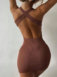 Sexy Cross Bandage Backless Rib Knitted Slim Bodycon Dress Women Solid Color Skinny Mini Dress Elegant Club Party Vestidos