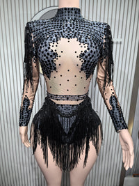 Gold Silver Sequins Tassel Elastic Bodysuit Sex)Pole Latin Dance Stage Wear Nightclub  DJSinger Dancer Performance Costume  Q025