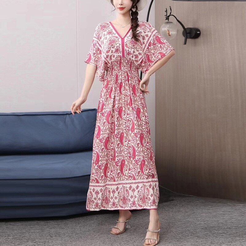 Summer Poplin Dresses Women Round Neck Puff Short Sleeve A Line Print Dresses Ethnic Style Tight High Waist Long Dress 2023