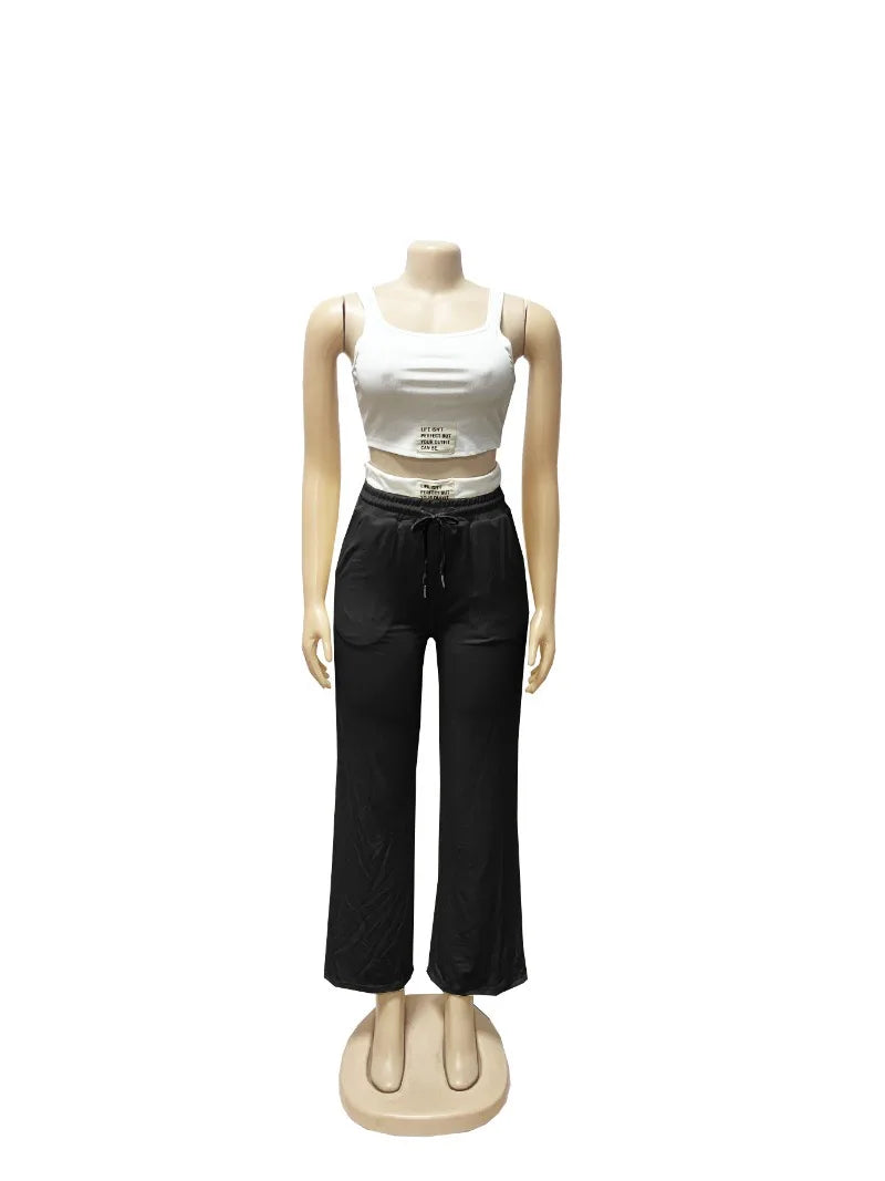 Letter Print Label Color Patchwork 2 Piece Set Women Tracksuits Ribbed Tank Crop Top + Drawstring High Waist Wide Leg Pants Suit
