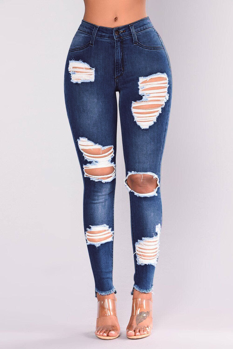 Women Ripped Jeans Pants Y2K Stretch Skinny Hole Denim Pencil Pants Slim Fit Casual High Waist Female Distressed Jeans Trousers