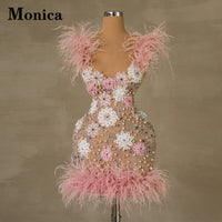 MONICA Fashion Pearls Crystals Flowers Feather Short Cocktail Dresses for Teens Party Despoke Vestidos De Formatura Customized