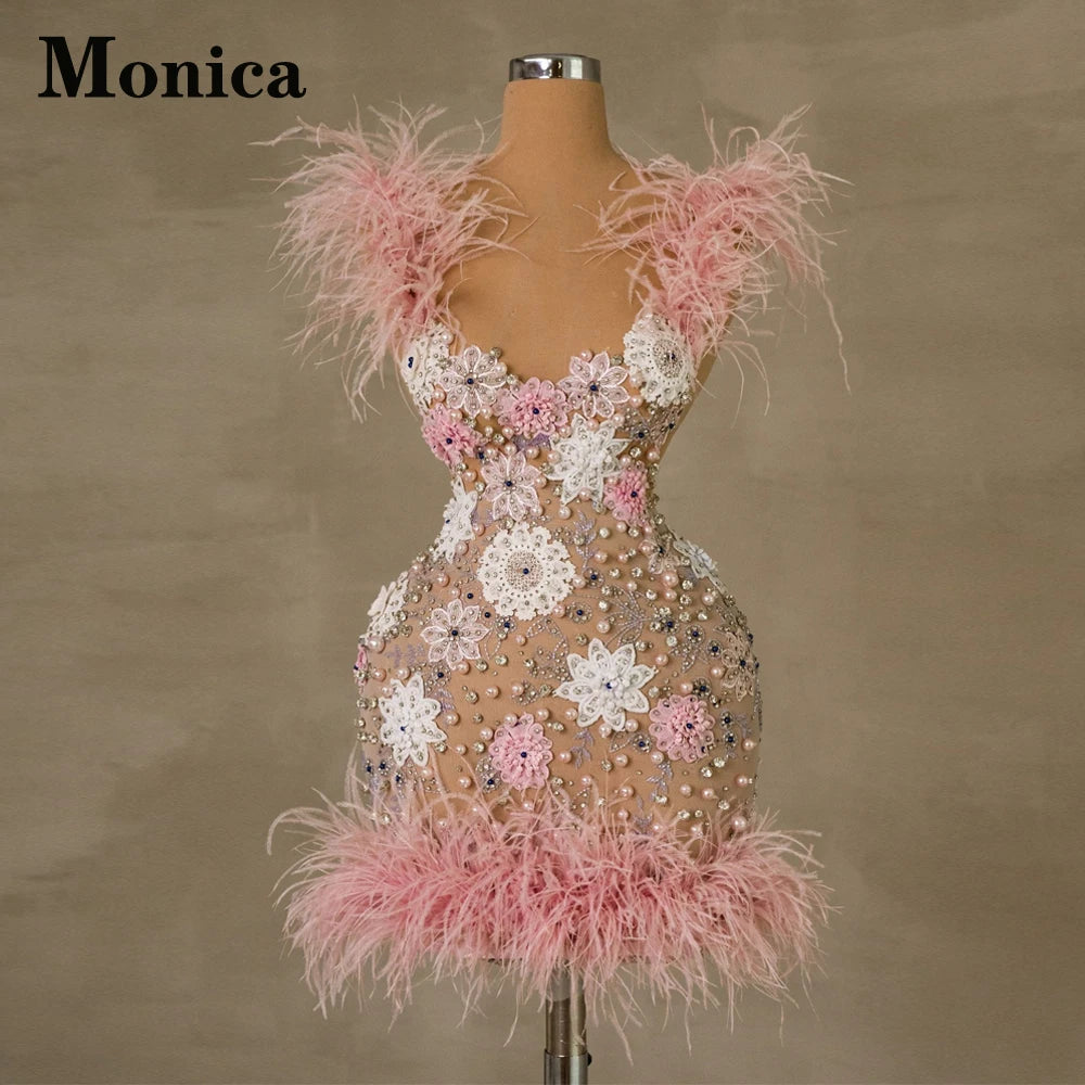 MONICA Fashion Pearls Crystals Flowers Feather Short Cocktail Dresses for Teens Party Despoke Vestidos De Formatura Customized