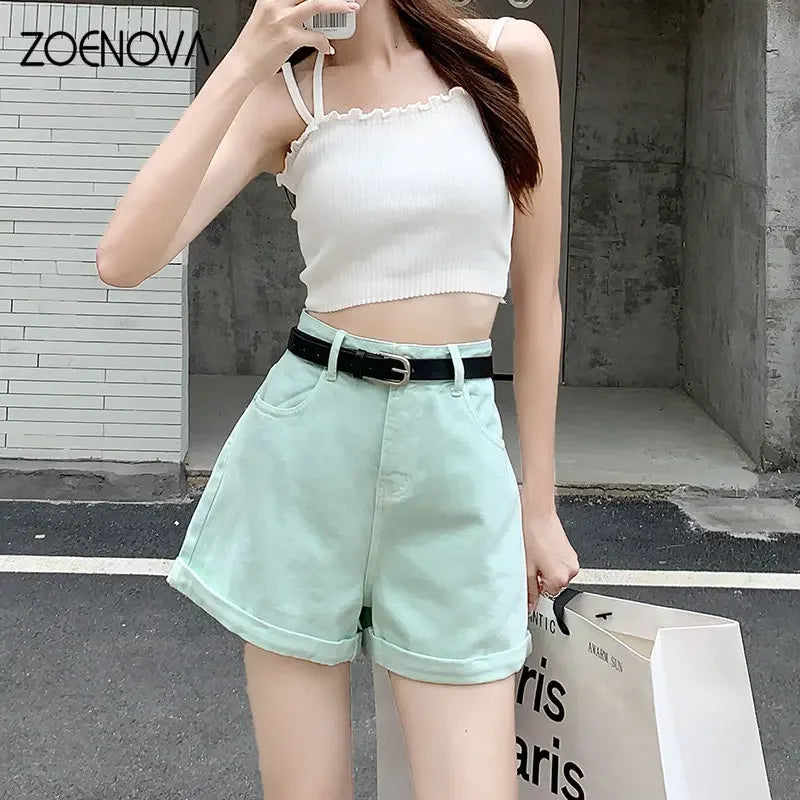 ZOENOVA 2023 Street Style High Waist Denim Shorts Rolled Edge In Candy Colors Sexy A Line All Match Shorts with Black Belt Y2K
