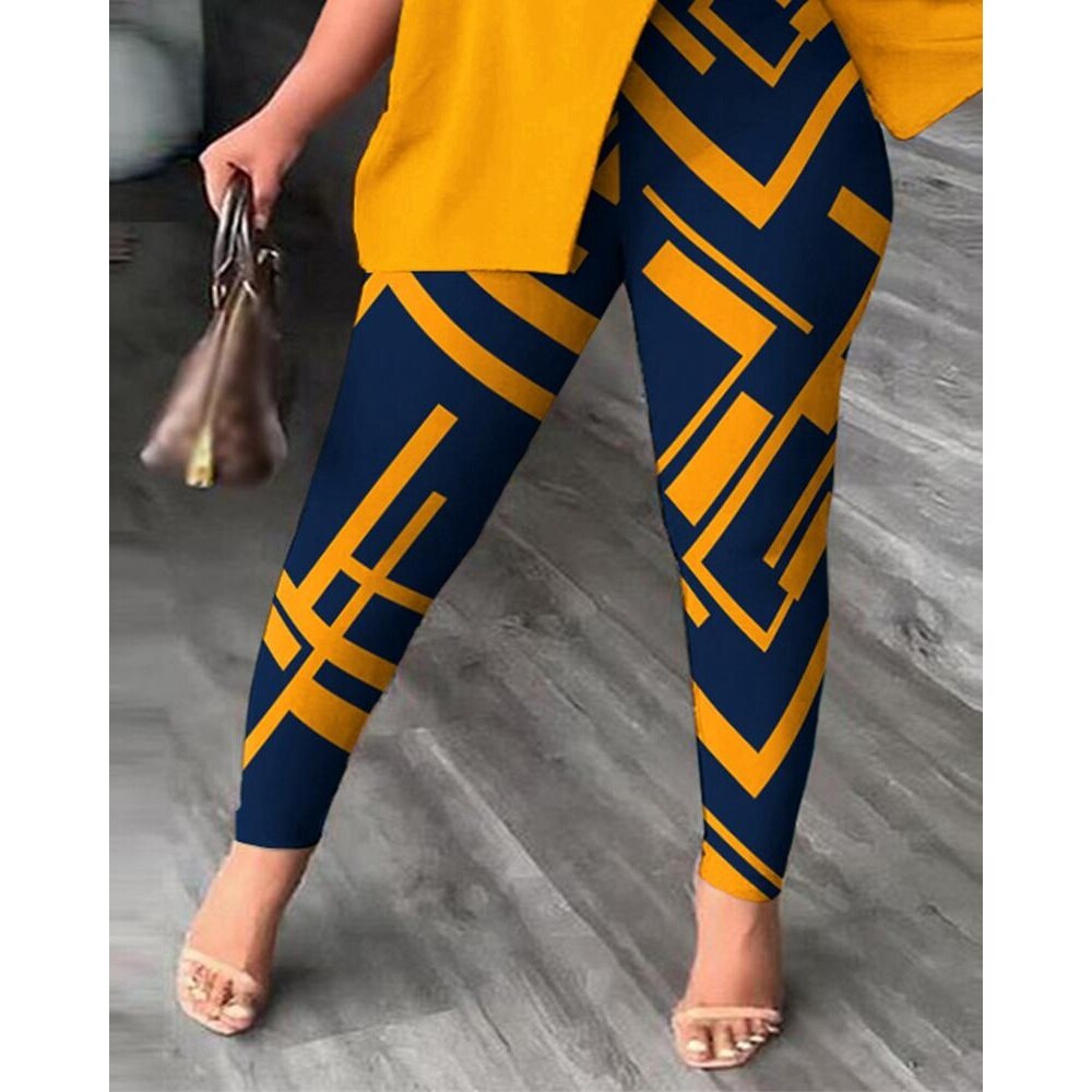 Women's Summer Fashion Geometric Print Short Sleeve Suit Set Femme Casual Sporty 2Pcs Set One-Shoulder Split Hem Tops &Pants Set