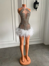 Sparkly Handmade Crystals Women Birthday Party Gowns Sexy See Through White Feather Black Girls Short Mini Prom Dress 2023