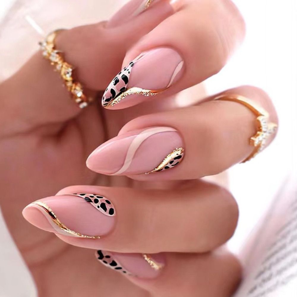 24Pcs Oval Head False Nails Pink Almond Artificial Fake Nails With Glue Full Cover Nail Tips Press On