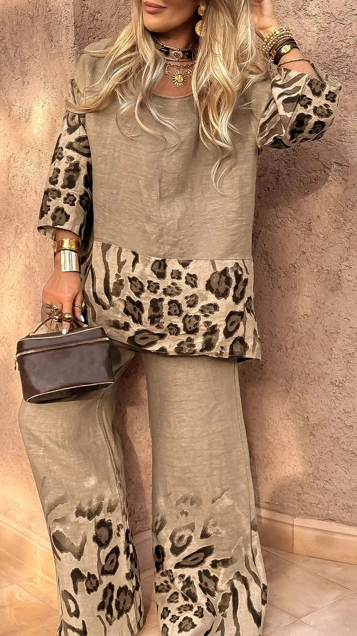 Fashion Leopard Print Set Lady Casual O Neck Three Quarter Tops+Wide Leg Pants Pieces Set For Woman Holiday Womens Clothing 2025