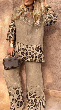 Fashion Leopard Print Set Lady Casual O Neck Three Quarter Tops+Wide Leg Pants Pieces Set For Woman Holiday Womens Clothing 2025