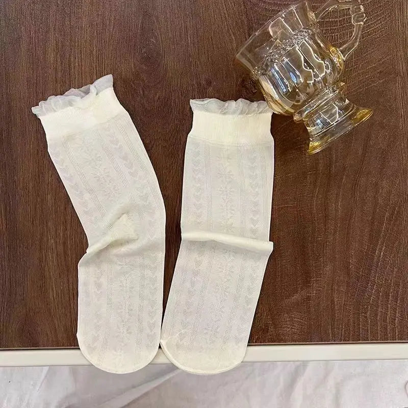 Lolita Skirt Base Socks White Lace Thin Ruffle Long Knee-high Sock for Kids Baby Princess Style Heart Bow Pattern Mesh Stockings